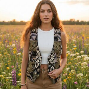 80s 90s Vintage Women's Vest M Patchwork Tapestry Festival Indie Boho Retro Mod